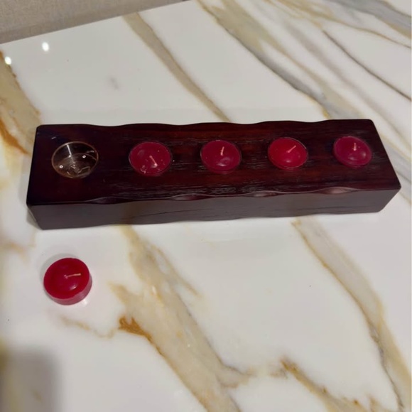 New Vintage Big Sky Natural Wood 5 Tea Light Holder w/5 New Burgundy Tea Candles - Picture 4 of 6